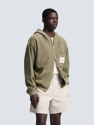 Chest Pocket Zipper Hoodie  - Washed Green