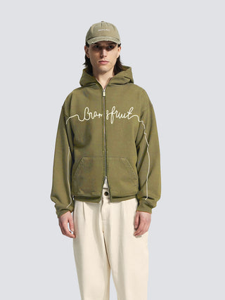 Garden Hose Chain Stitch Zipper Hoodie - Solid Olive Green