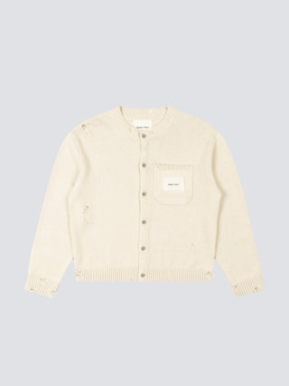 Distressed Chest Pocket Cardigan - Beige