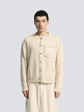 Distressed Chest Pocket Cardigan - Beige