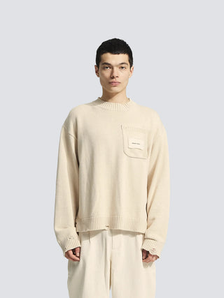 Distressed Chest Pocket Knit - Beige