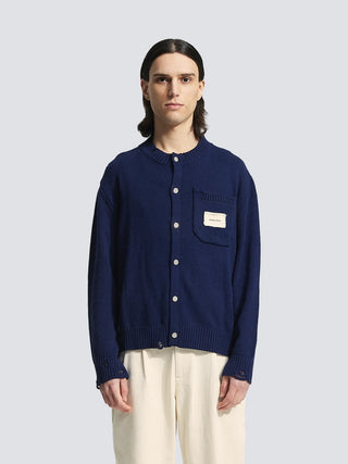 Distressed Chest Pocket Cardigan - Navy