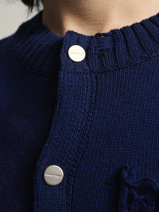 Distressed Chest Pocket Cardigan - Navy
