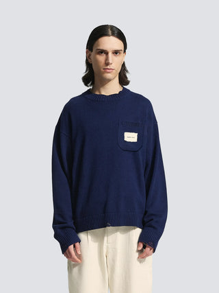Distressed Chest Pocket Knit - Navy