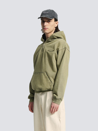 Cut & Sew Quarter Zip Hoodie - Washed Olive Green