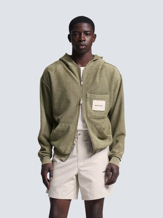 Chest Pocket Zipper Hoodie  - Washed Green