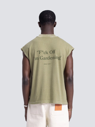 “F*ck Off I'm Gardening” Sleeveless T-Shirt Distressed - Olive Green