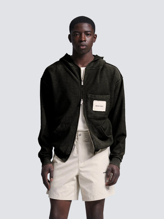 Chest Pocket Zipper Hoodie - Washed Charcoal