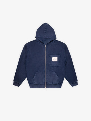 Chest Pocket Zipper Hoodie - Washed Navy