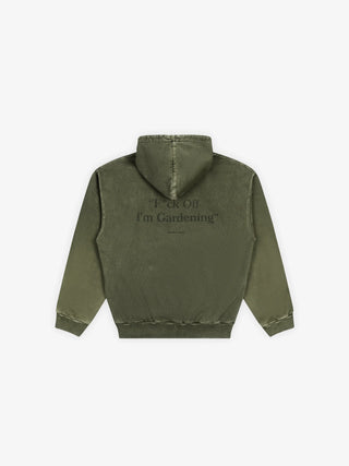 Distressed F*ck Off I'm Gardening Hoodie - Washed Olive Green