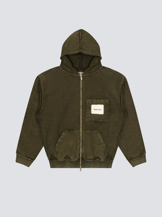 Chest Pocket Zipper Hoodie  - Washed Green