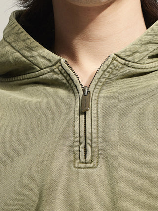 Cut & Sew Quarter Zip Hoodie - Washed Olive Green